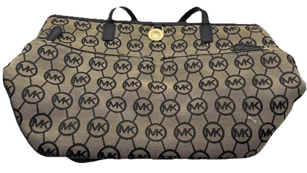 Michael Kors Signature MK Logo Tote Bag Beige Black Jacquard Shoulder Purse